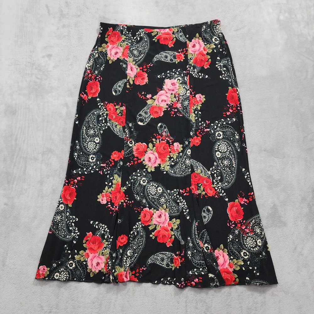 Vintage Briggs New York Skirt Womens PL PETITE Black Floral Midi Pull On Stretch